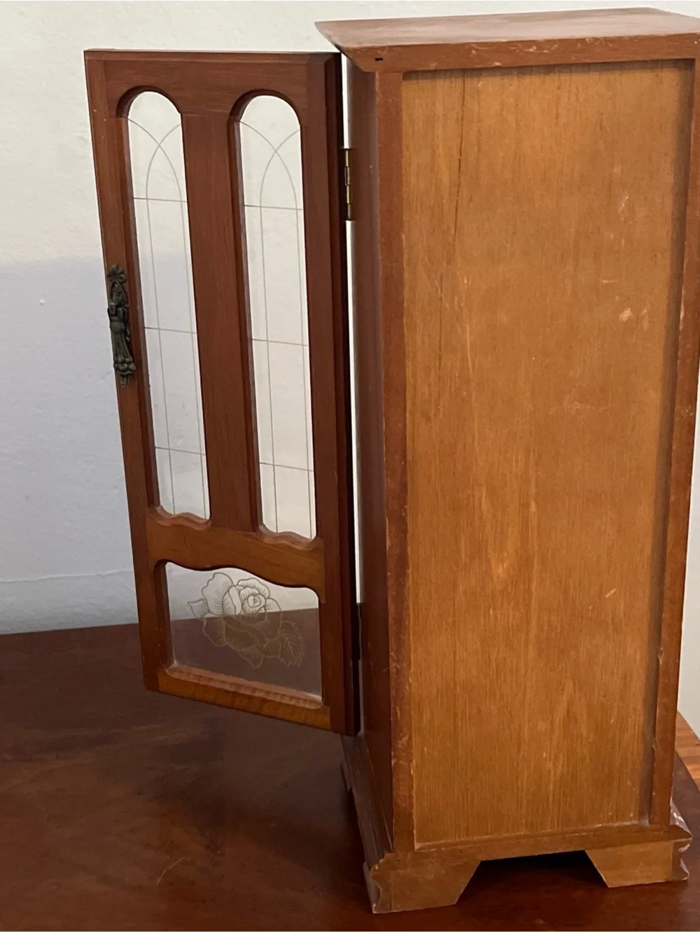 Vintage Tall Wooden Jewelry Armoire with Glass Front and Rose Detail